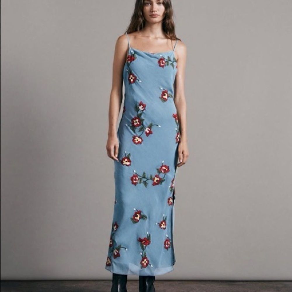 Rag and Bone Jolene embroidered spaghetti strap lined blue Chiffon Midi Dress 8